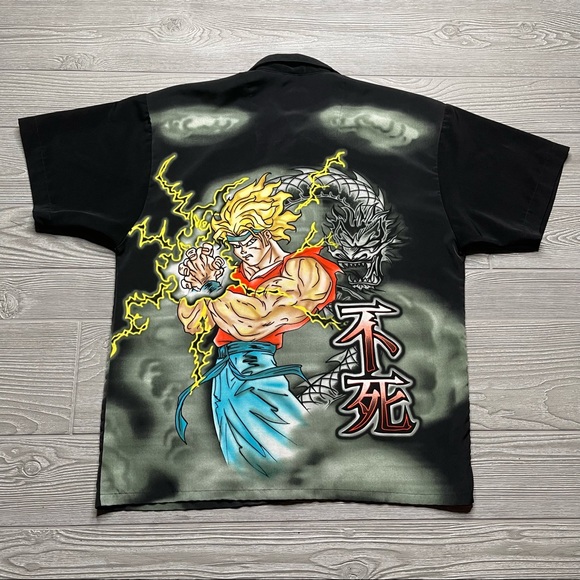 Vtg Anime DBZ Style Lightning & Dragon AOP Hawaiian Button Down - Youth Large - Picture 8 of 8